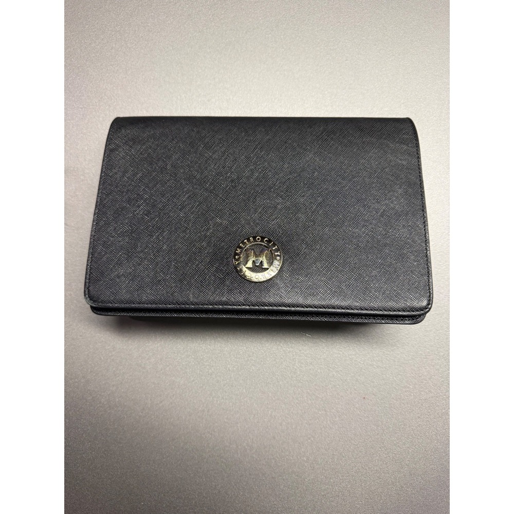 Metrocity Black Saffiano Leather Crossbody Bag Gold Hardware Chain Strap